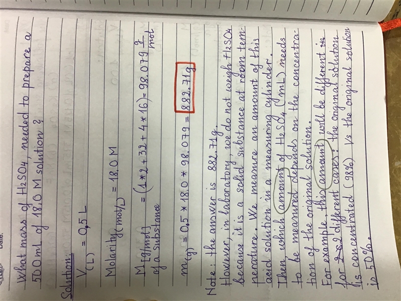 What mass of H2SO, needed to prepare a 500 mL of 18.0 M solution?-example-1