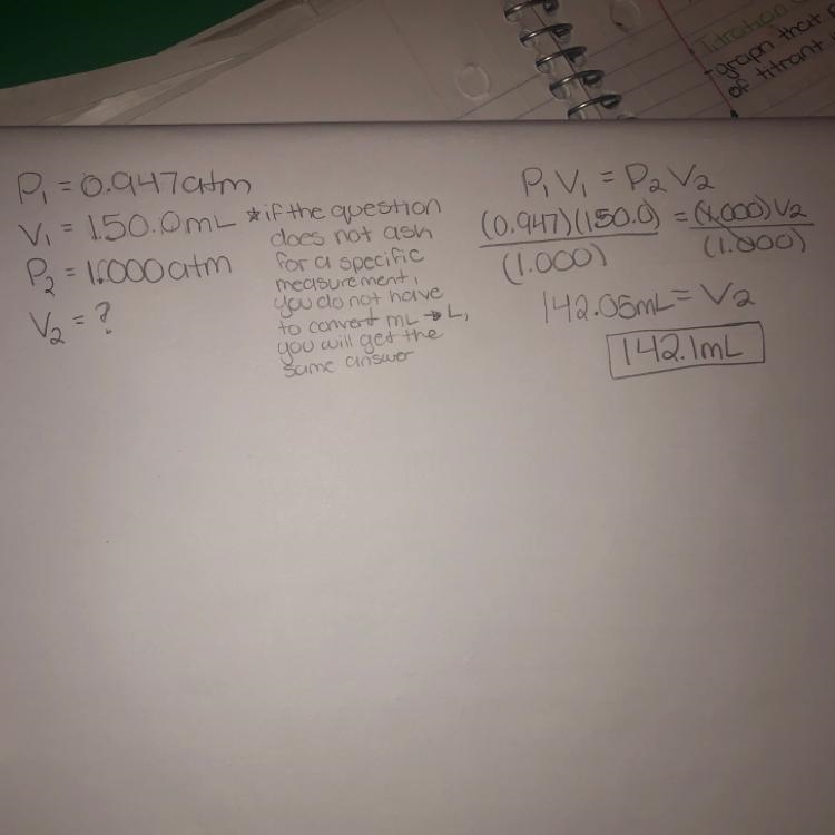 A sample of oxygen gas has a volume of 150.0 mL at a pressure of 0.947 atm. What will-example-1