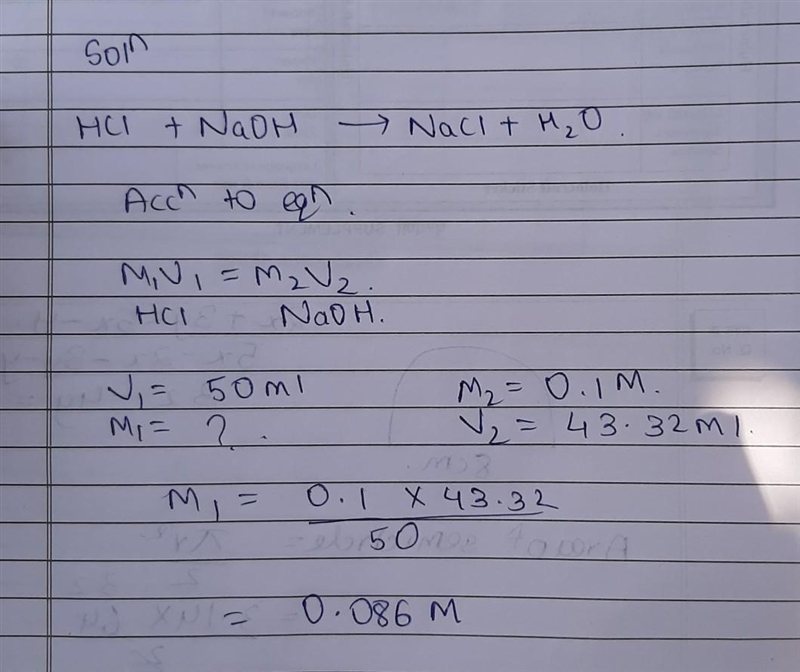 If it takes 43.32 mL of 0.1 M NaOH to neutralize a 50 mL HCl solution, what is the-example-1