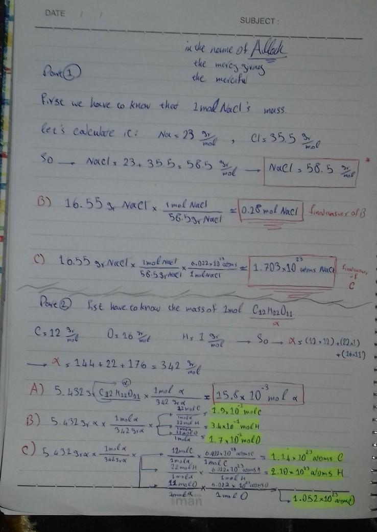 Question 2 A sample of sodium chloride (NaCl) has a mass of 16.55 g. B) A sample of-example-1