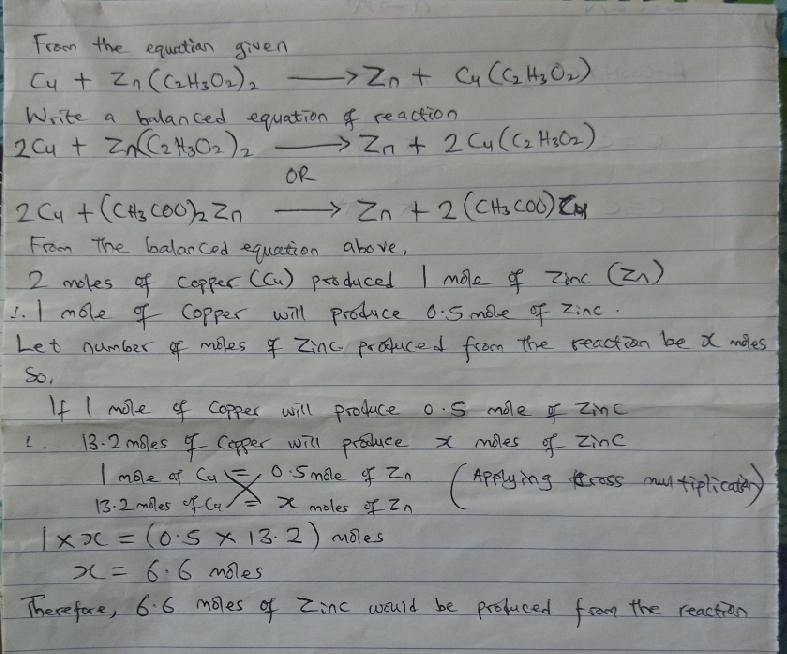 How many moles of Zinc would be produced from the reaction of 13.2 moles of copper-example-1