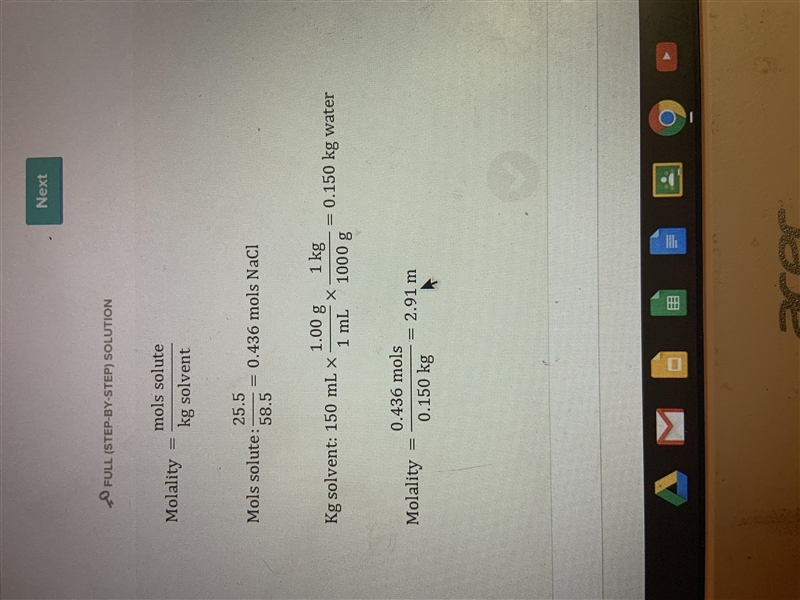 25.5 g of NaCl was dissolved in 150. mL of water. what is the molality of the solution-example-1