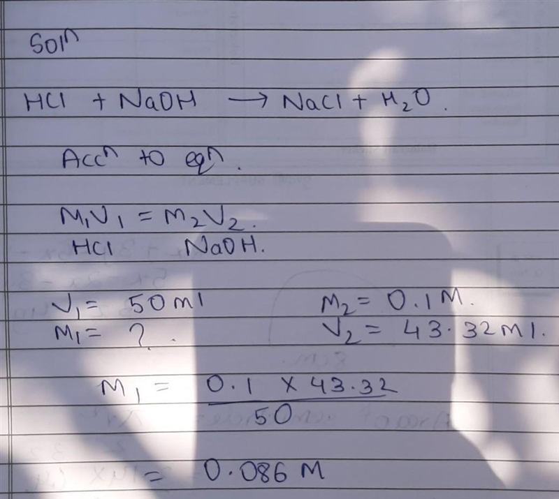 If it takes 43.32 ml of 0.1 M NaOH to neutrlize a 50 ml HCI solution, how many moles-example-1