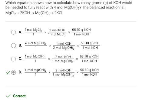 Which equation shows how to calculate how many grams (g) of KOH would be needed to-example-1