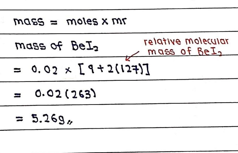 How many grams are in 0.02 moles of beryllium iodide, Bel2?-example-1