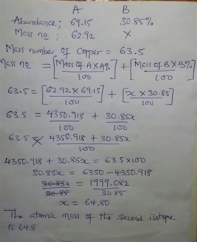 . If 69.15% exists as 63Cu with an atomic mass of 62.92, then what is the atomic mass-example-1