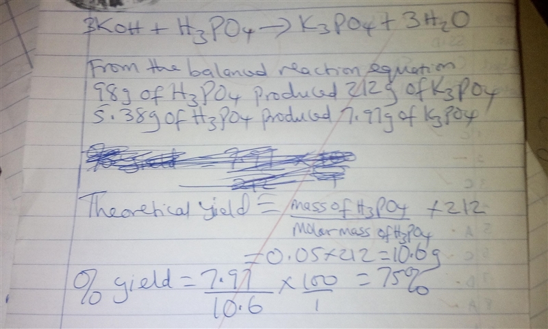 Consider the reaction of KOH with H3PO4 to form K3PO4 and H2O. If 5.38 g H3PO4 is-example-1