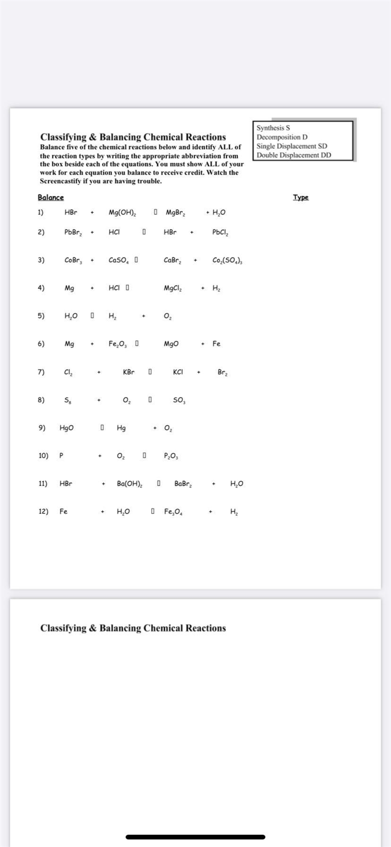 Help complete classifying & balancing chemical reactions worksheet-example-1