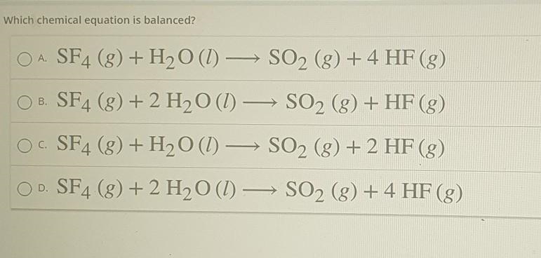 Which chemical equation is balanced.​-example-1