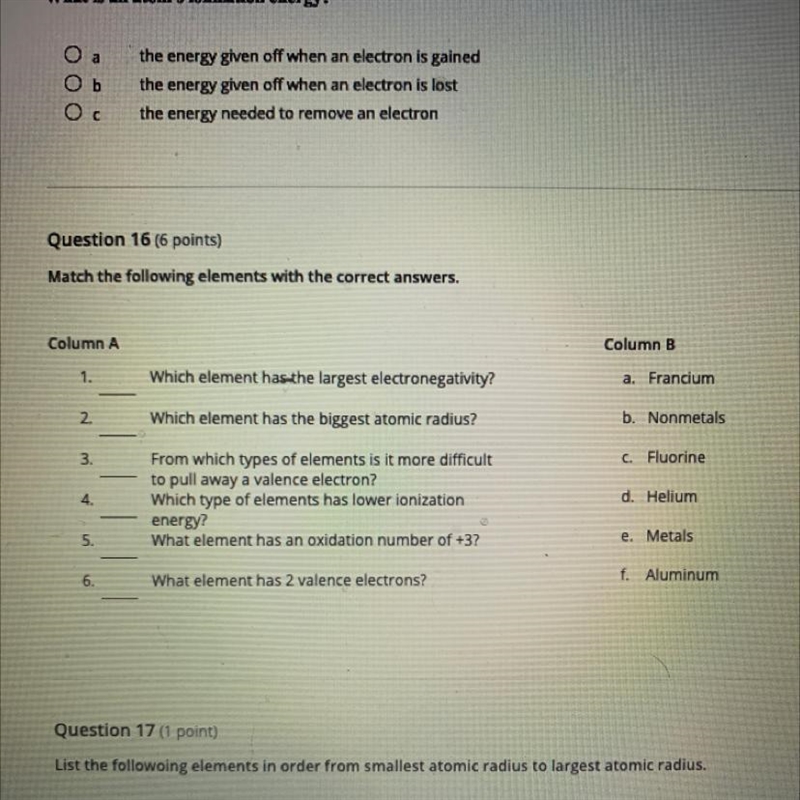 Question 16 (6 points) Match the following elements with the correct answers. Column-example-1