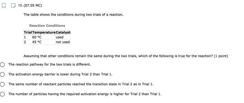 The table shows the conditions during two trials of a reaction.-example-1