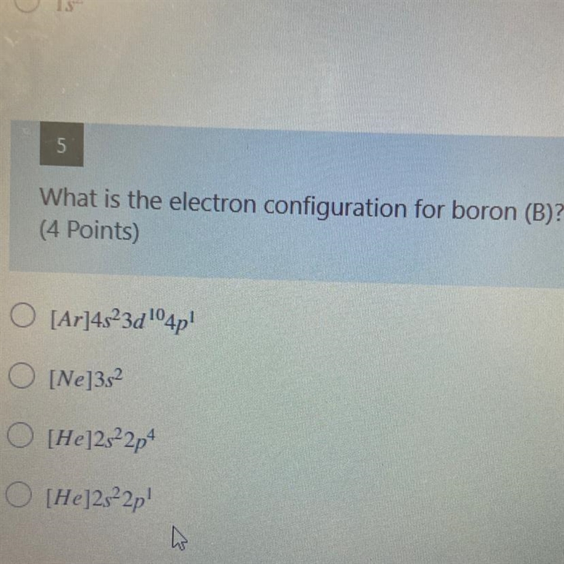 What is the electron configuration for boron (B)?-example-1