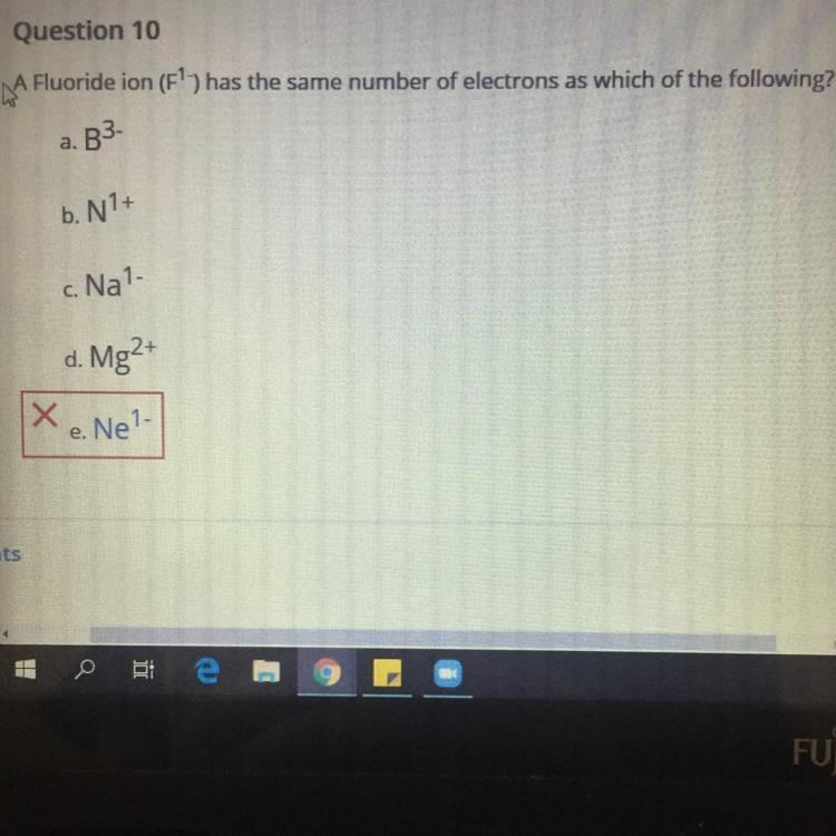 A fluoride ion (F1-) has the same number of electrons as which of the following?-example-1