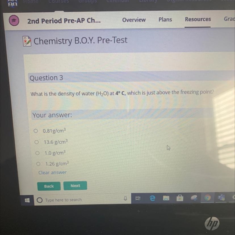 What is the density of water (H20) at 4°C, which is just above the freezing point-example-1