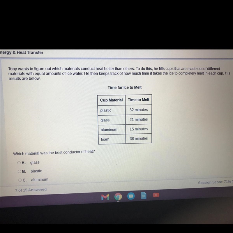 Answer choices: A. Glass B. Plastic C. aluminum D. Foam-example-1