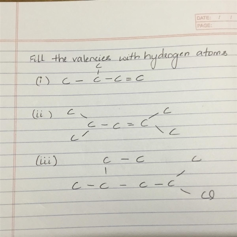 Es with hydrogen atoms Fill the valencies with C + () C c-c=c (ii) ( c C - C = C / c-example-1