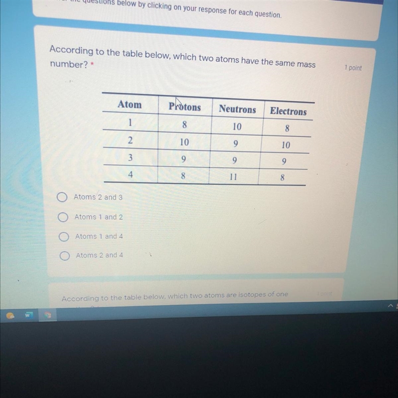 According to the table below, which two atoms have the same mass number? 1 point Atom-example-1