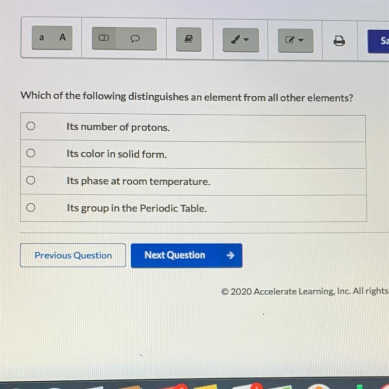 Which of the following distinguishes an element from all other elements? Its number-example-1