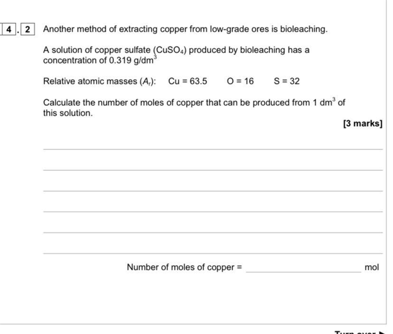 A solution of copper sulfate (CuSO4) produced by bioleaching has a concentration of-example-1