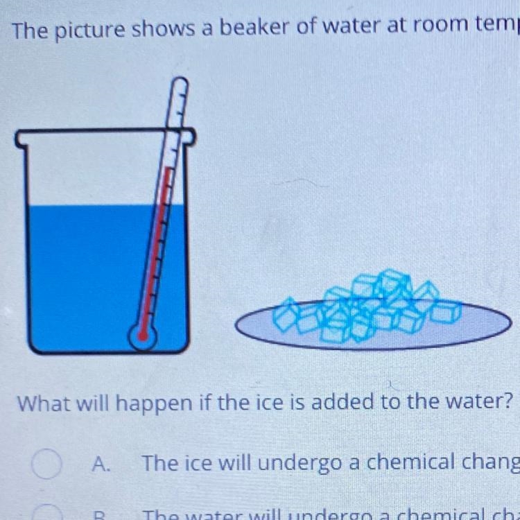 What will happen if the ice is added to the water? A The ice will undergo a chemical-example-1