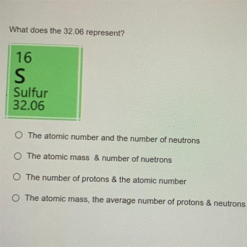 What does the 32.06 represent? 16 S Sulfur 32.06 The atomic number and the number-example-1