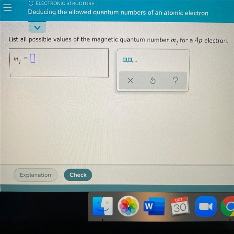 List all possible values of the magnetic quantum number ml for a 4p election-example-1