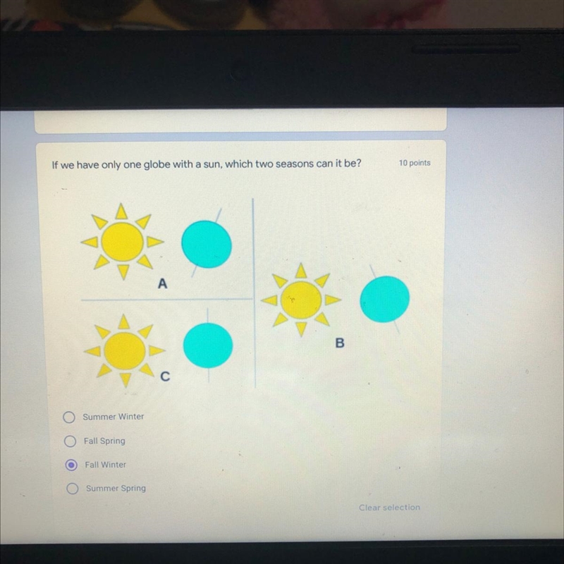 If we have only one globe with a sun, which two seasons can it be? FALL AND WINTER-example-1