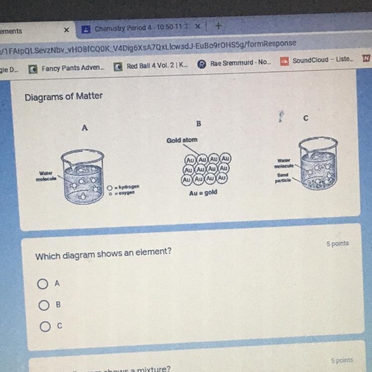 1) Which diagram shows an element? 2) which diagram shows a mixture? 3) which diagram-example-1