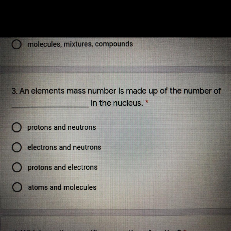 An elements mass number is made up of the number of ____ in the nucleus. protons and-example-1