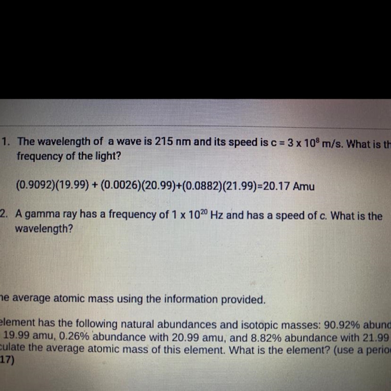 A gamma ray has a frequency of 1 x 10^20 Hz and has a speed of c. What is the wavelength-example-1