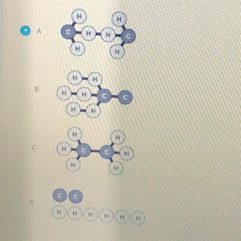 Ethane is a substance that is used when making plastic. a molecule of ethane is made-example-1