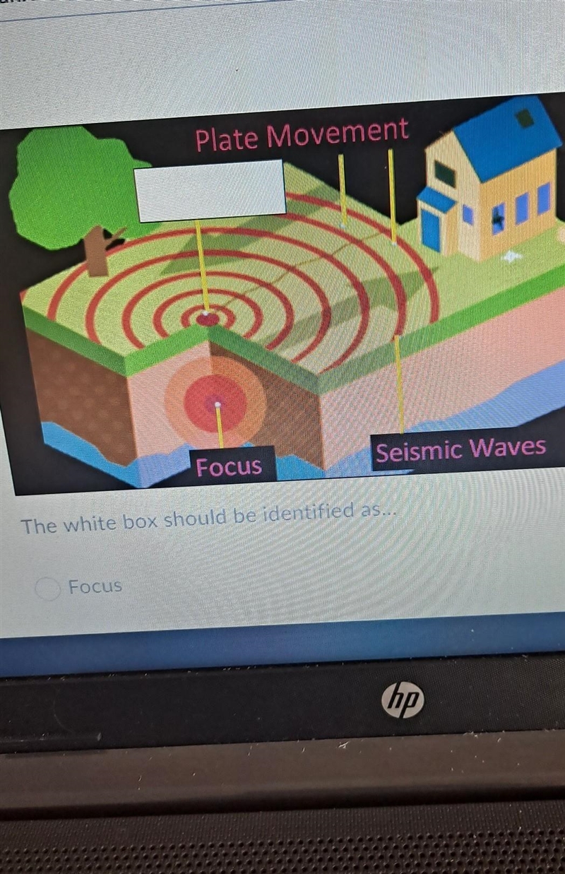 Question 2 (1 point) Plate Movement Focus Seismic Waves The white box should be identified-example-1