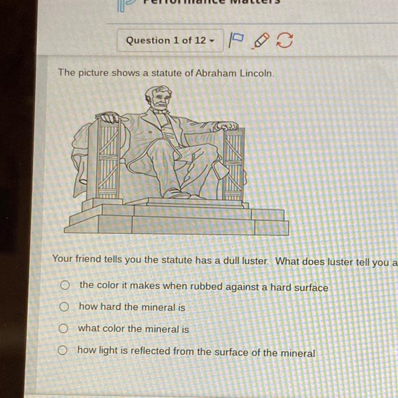 The picture shows a statute of Abraham Lincoln Your friend tells you the statute has-example-1