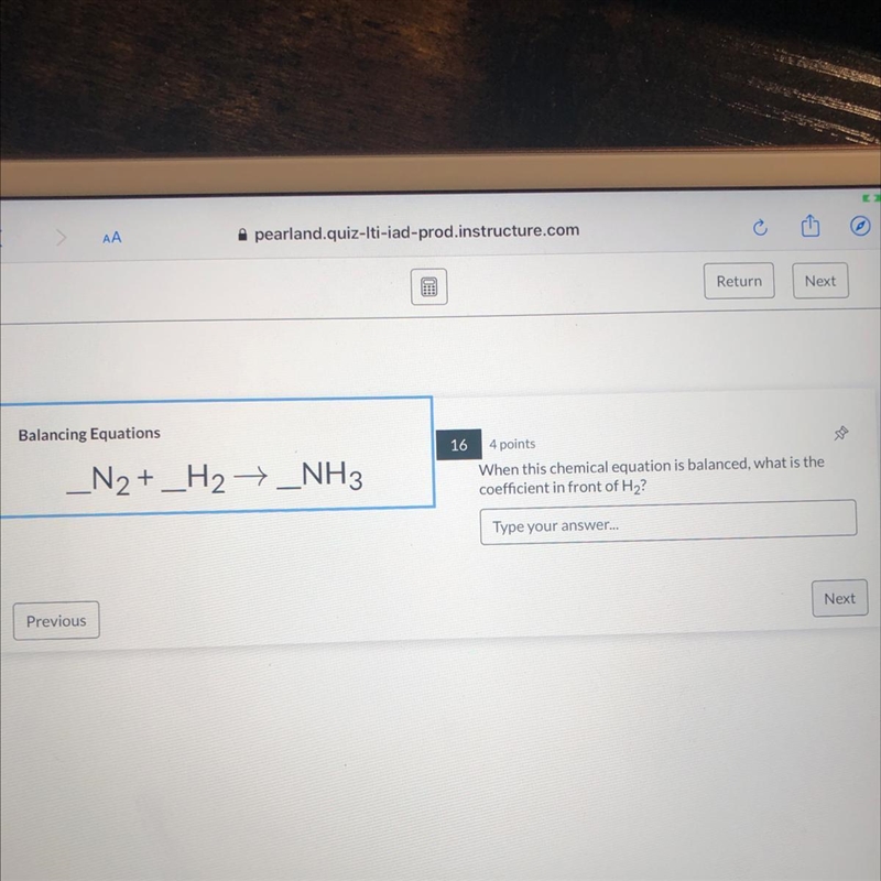 When this chemical equation is balanced, what is the coefficient in front of H2?-example-1