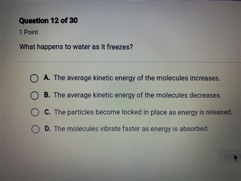 what happens to water as it freezes? i know the answer is either b or c, but i’m not-example-1