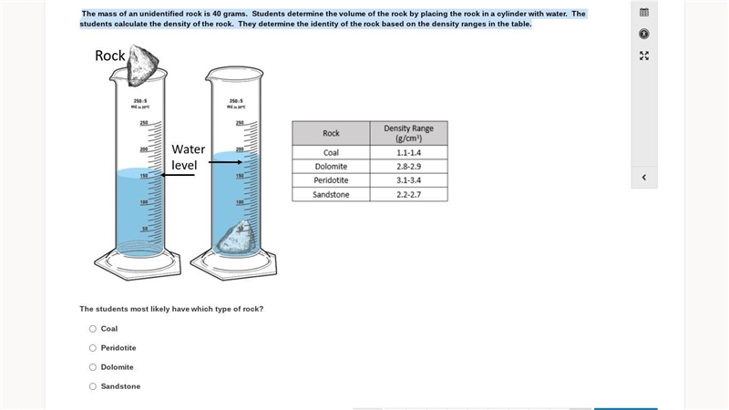 The mass of an unidentified rock is 40 grams. Students determine the volume of the-example-1