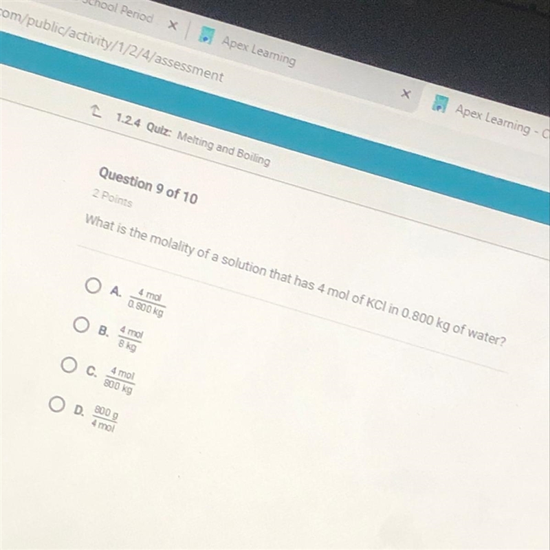 What is the molality of a solution that has 4 mol of KCI in 0.800 kg of water-example-1