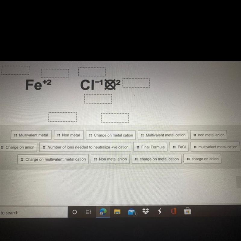 Match the options to correct boxes to write the formula for Iron(II) chloride: FeCl-example-1