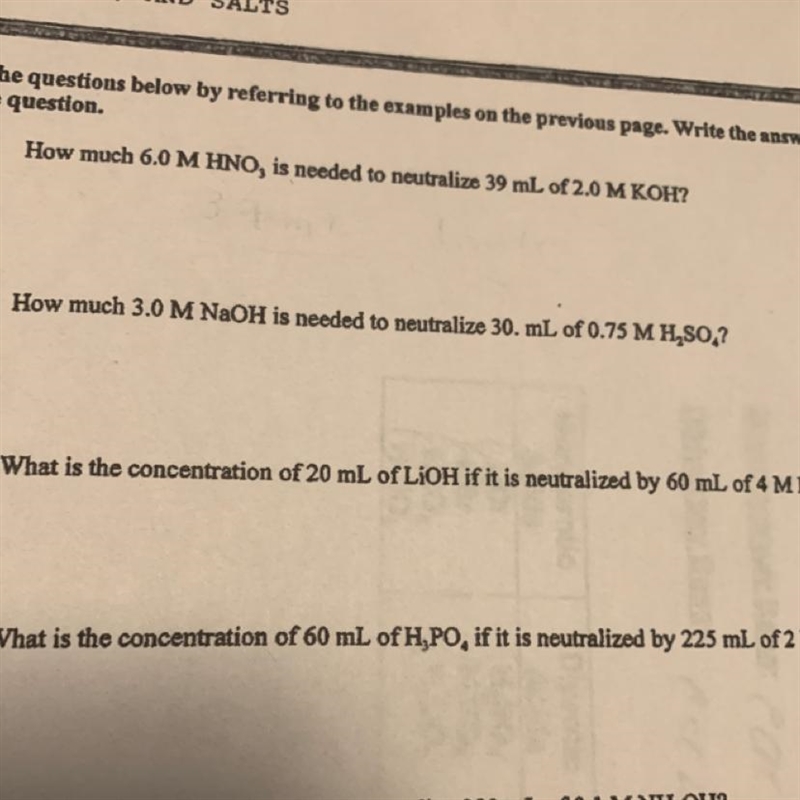 How much 6.0 m hno3 is needed to neutralize 39ml of 2 m koh-example-1