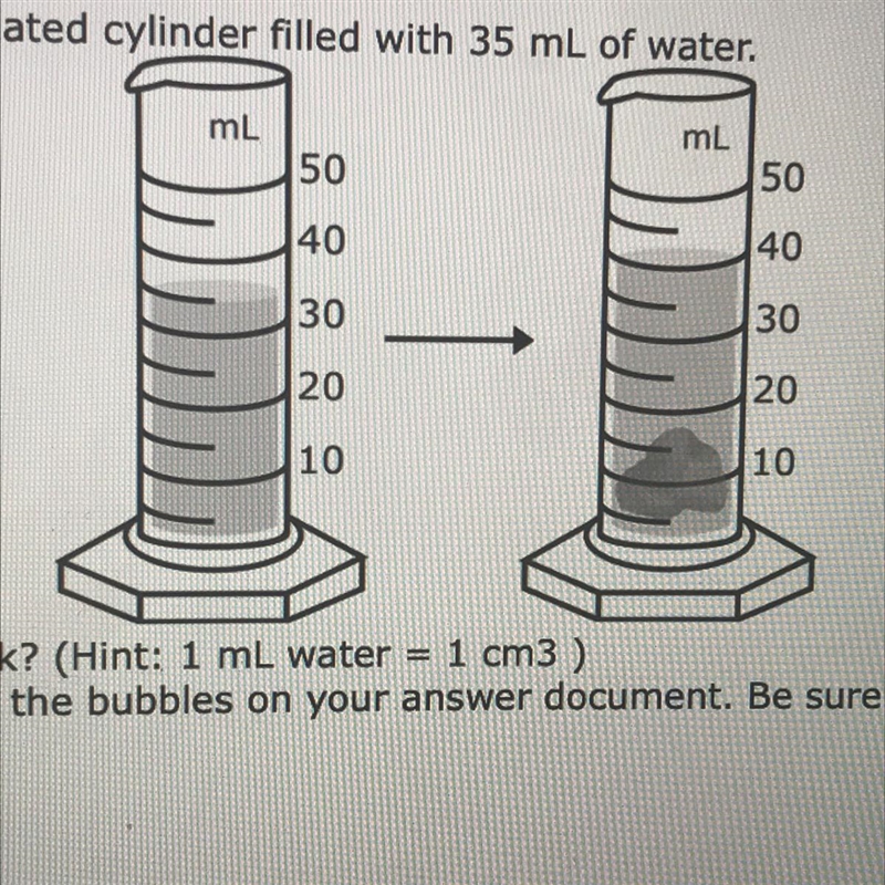 A rock is dropped into a graduated cylinder filled with 35 mL of water. what is the-example-1