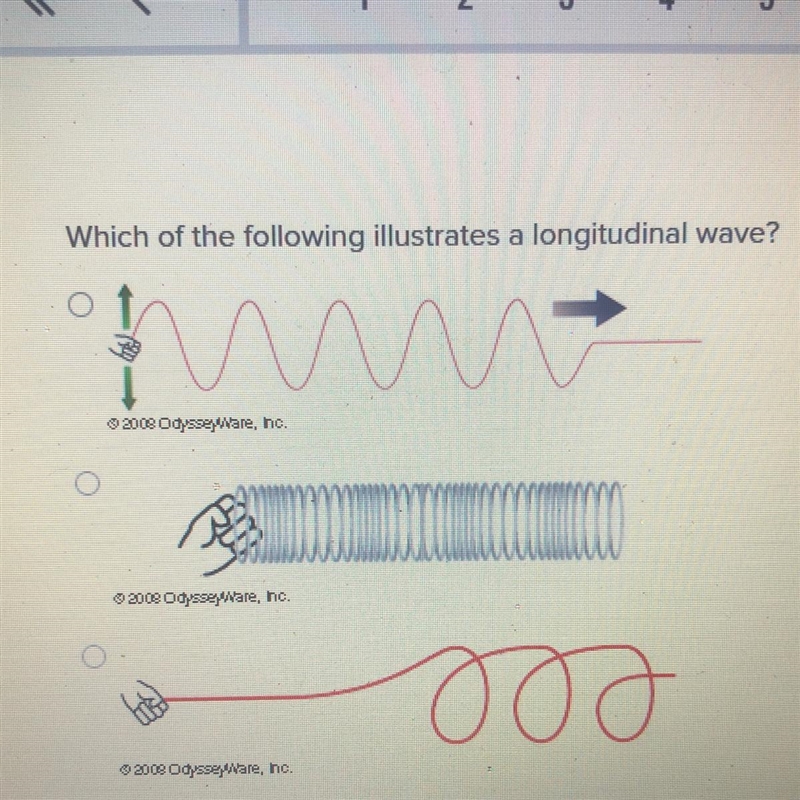 Which of the following illustrates a longitudinal wave?-example-1