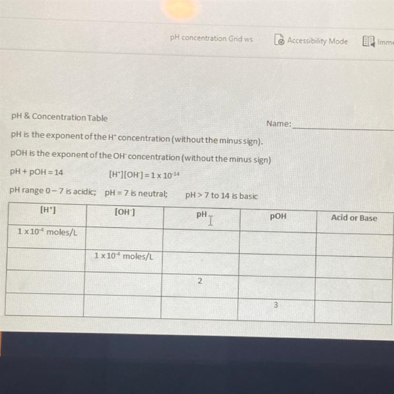 Need guidance on how to calculate and fill the table! ph concentration table-example-1