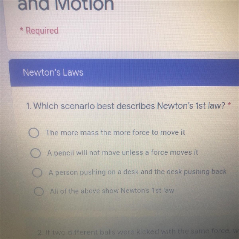 1. Which scenario best describes Newton's 1st law?-example-1