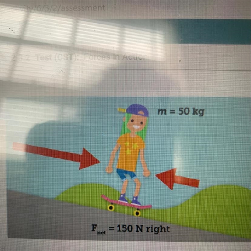 M = 50 kg Fnet = 150 N right What is the girl's acceleration? (Hint: Use the formula-example-1