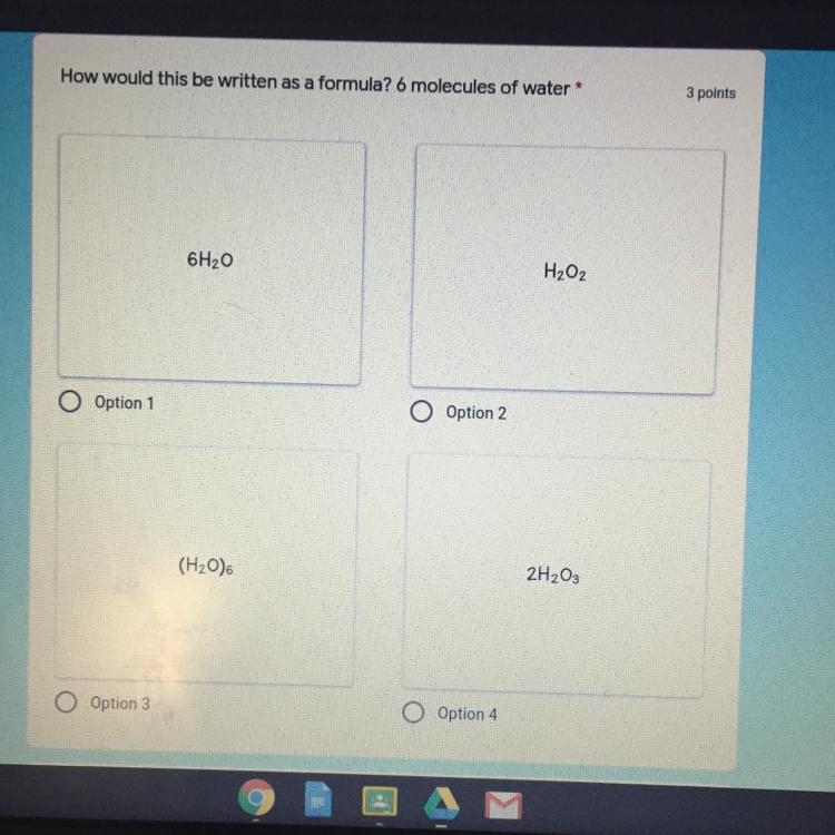 How would this be written as a formula? 6 molecules of water *-example-1