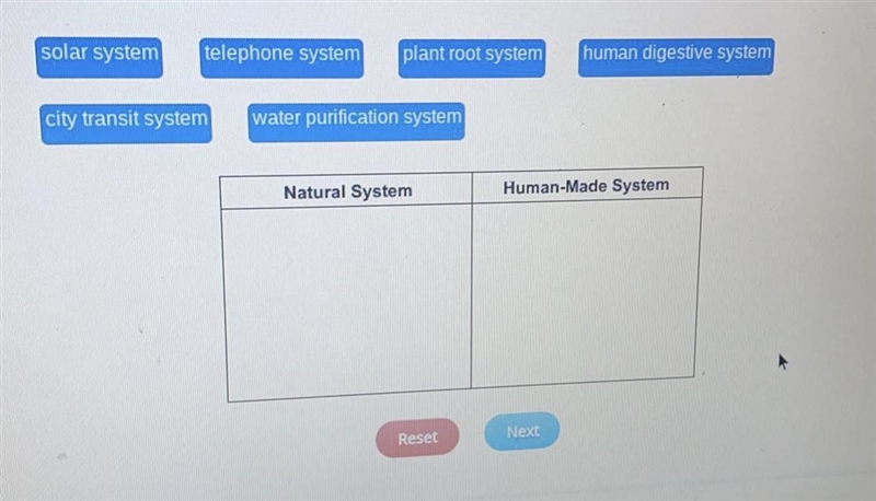 Systems are classified as human-made or natural. Match each example to the correct-example-1