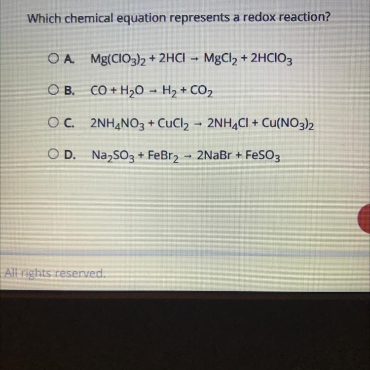 Which chemical equation represents a redox reaction?-example-1