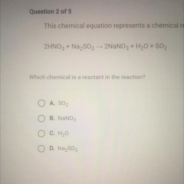 This chemical equation represents a chemical reaction. 2HNO3+Na2SO3-2NaNO3+H2O+SO-example-1