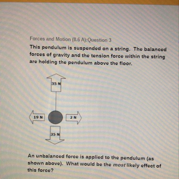 A. The pendulum would accelerate to the left B. The pendulum would accelerate downward-example-1