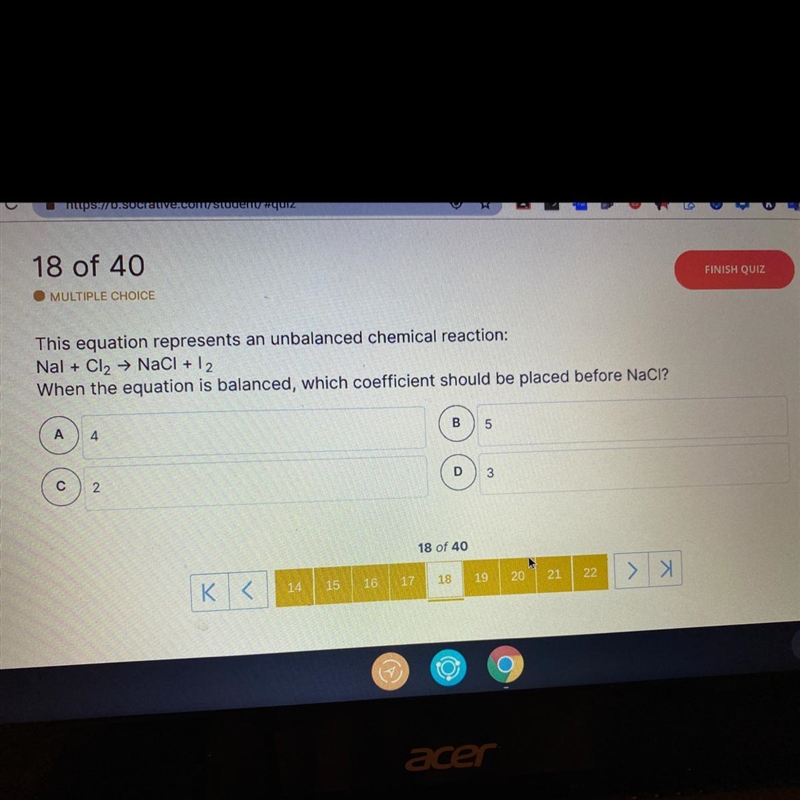 This equation represents an unbalanced chemical reaction: Nal + Cl2 → NaCl + 12 When-example-1